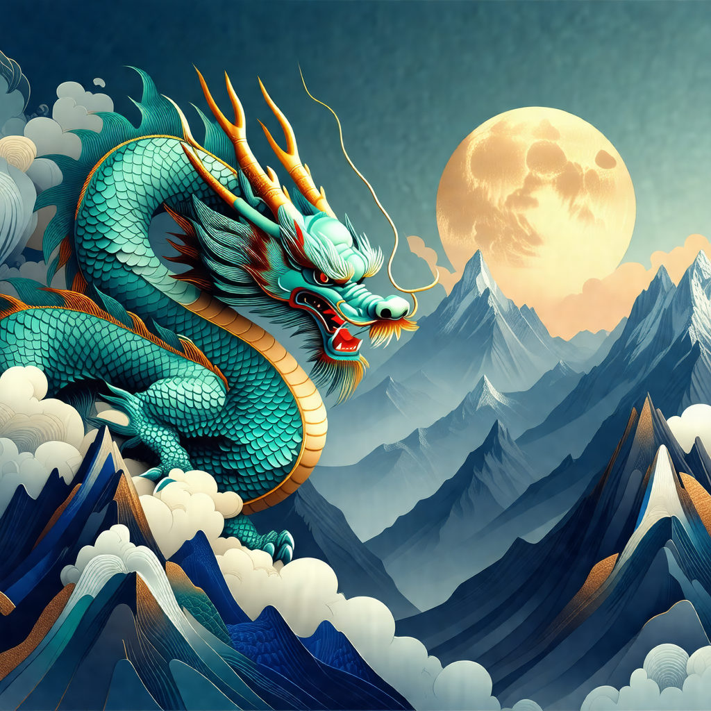 Large, colorful dragon with a green body and red accents,...