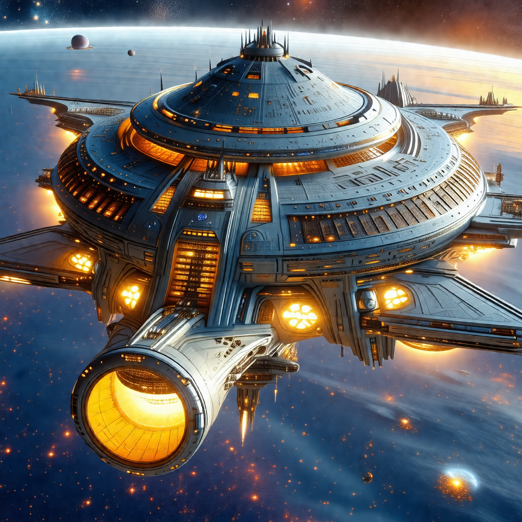 Futuristic spacecraft with a large, round, and shiny dome...