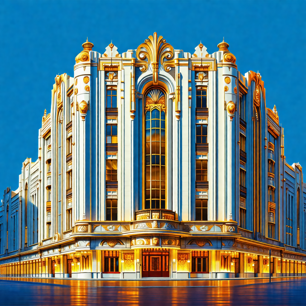 Blue-toned drawing of a large white building with gold ac...