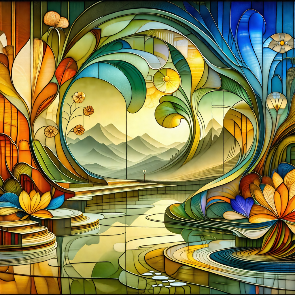 Stained glass window featuring a beautiful landscape