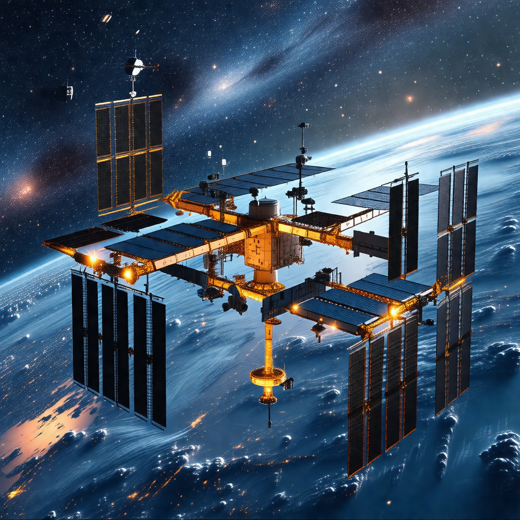 Space station with a large dome-shaped structure, which i...