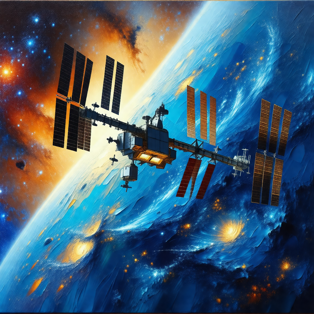 Space shuttle flying through the vast expanse of space