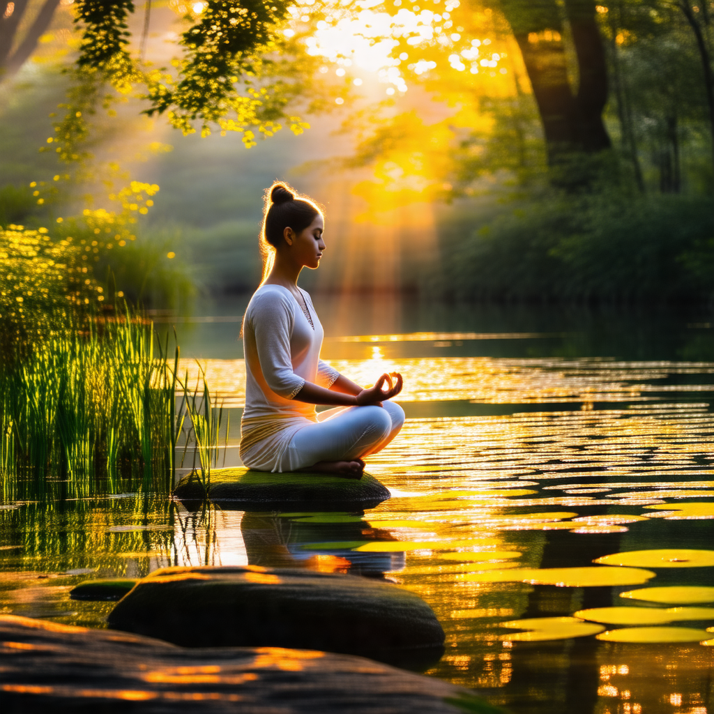Woman sitting on a rock in a serene environment