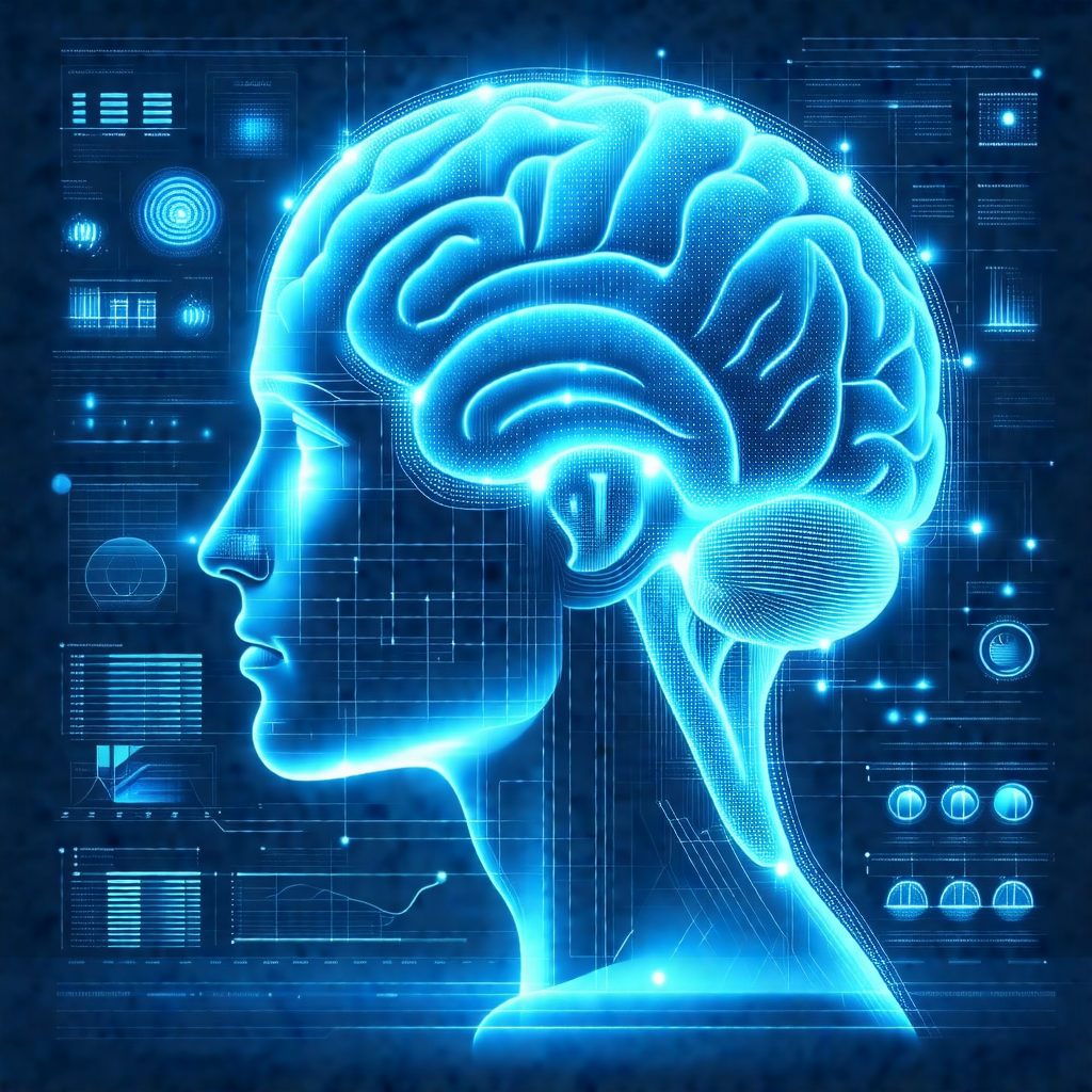 Blue and white illustration of a human head, with a close...