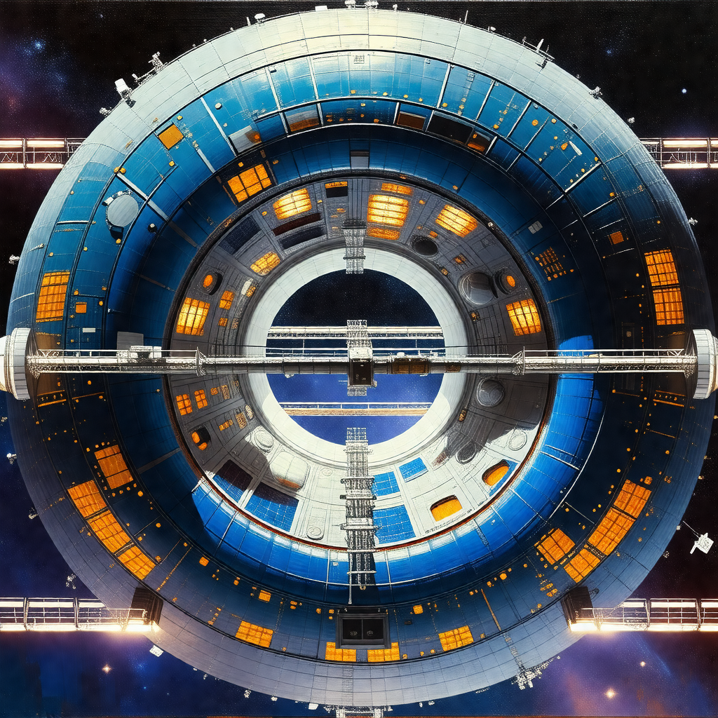 Painting of a large, futuristic space station