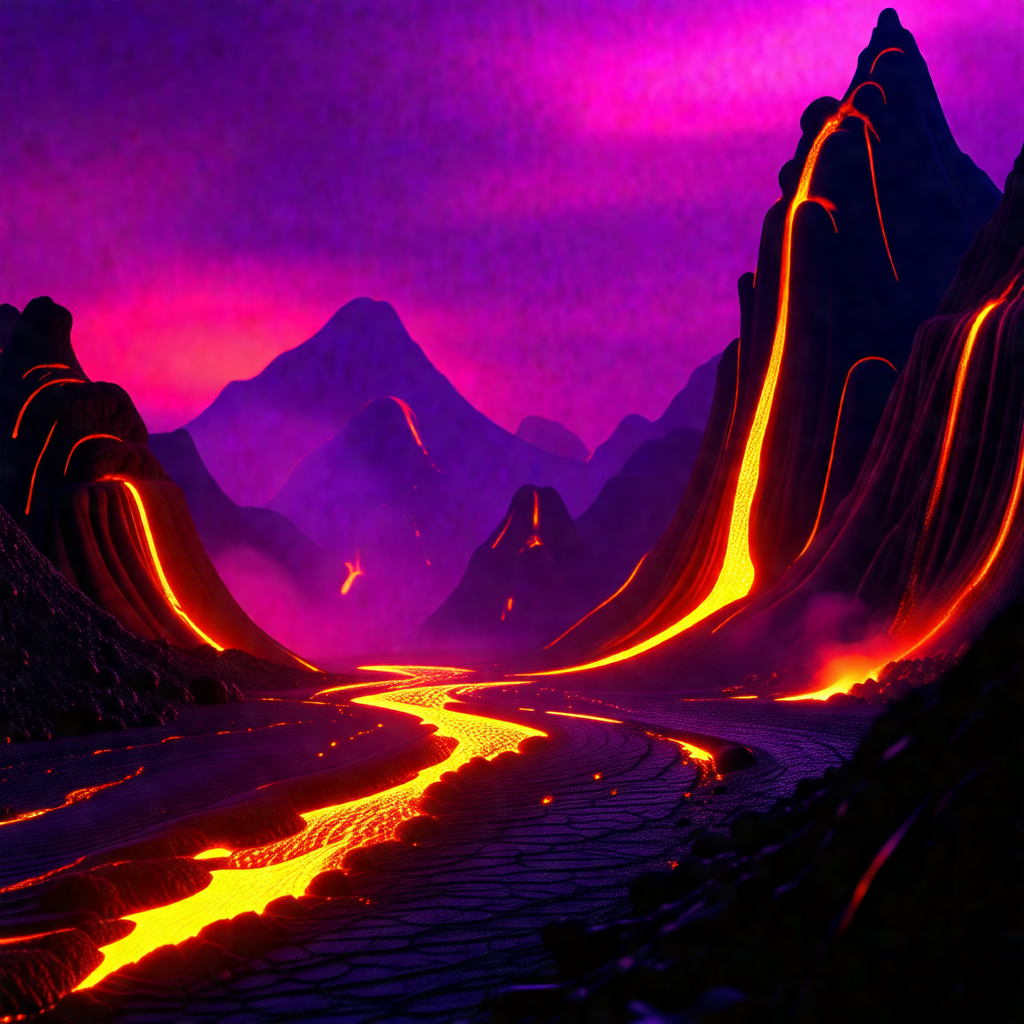 Colorful, artistic depiction of a mountainous landscape w...