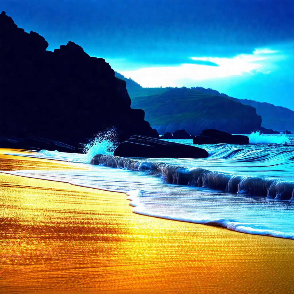 Captures a beautiful beach scene with a rocky shoreline