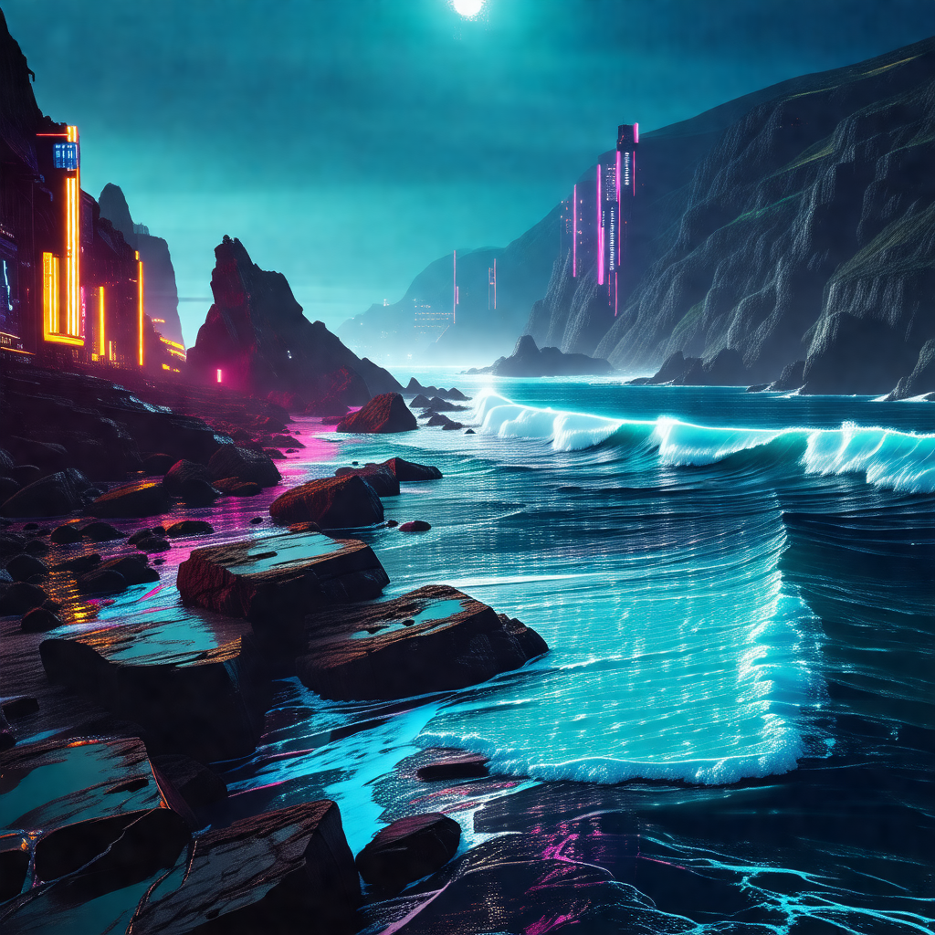 Digital painting of a beach at night