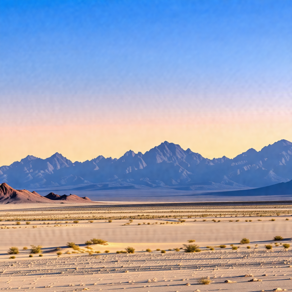 Vast, open desert landscape with a mountain range in the ...