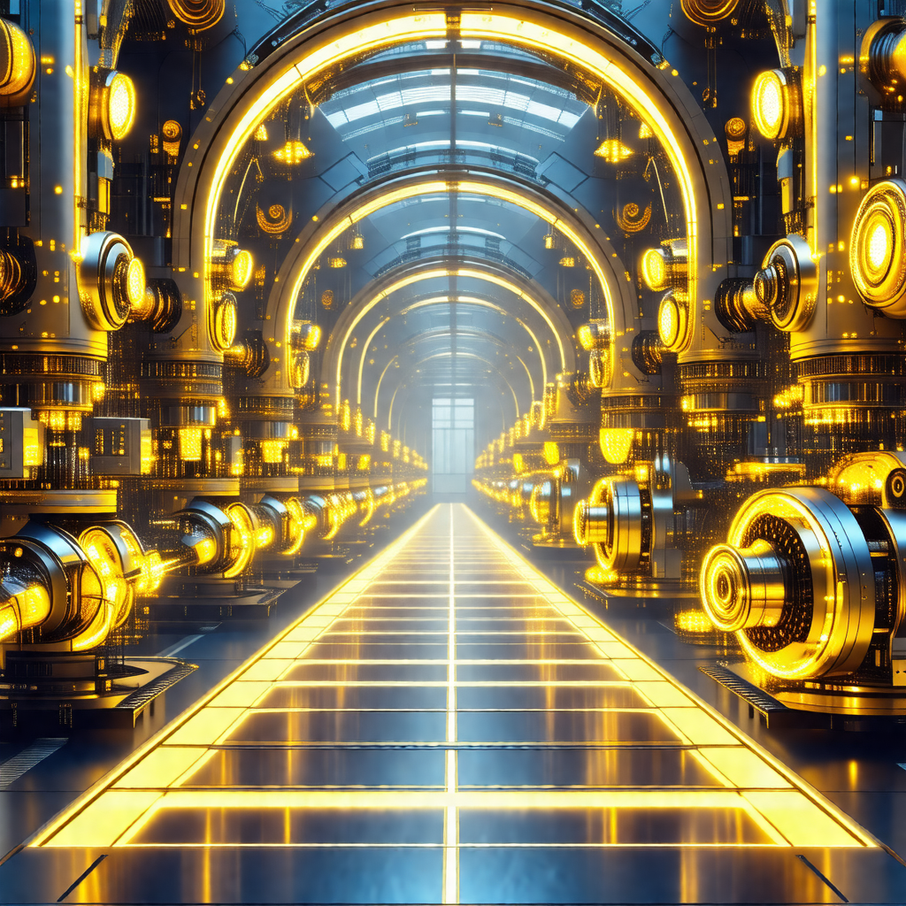 Futuristic factory filled with rows of yellow and blue gl...