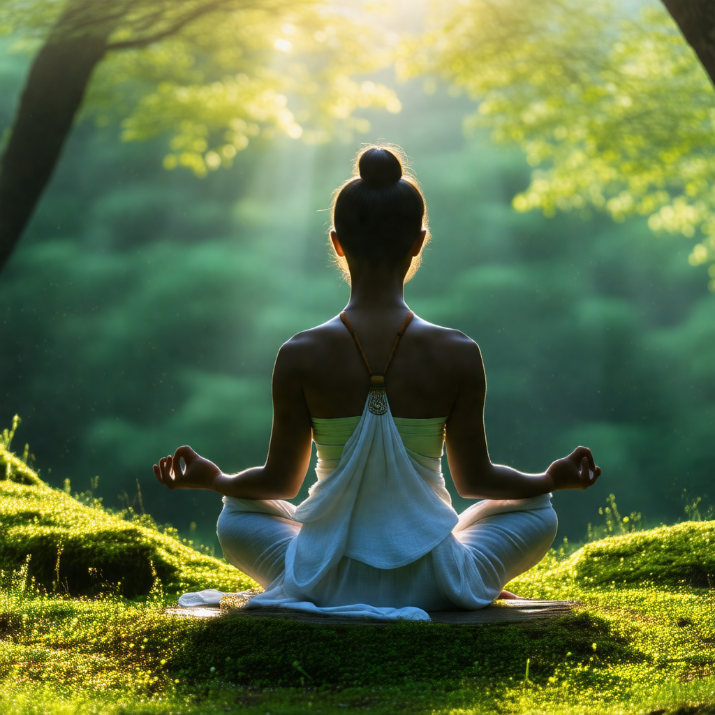 Woman sitting on the ground in a forest, surrounded by trees