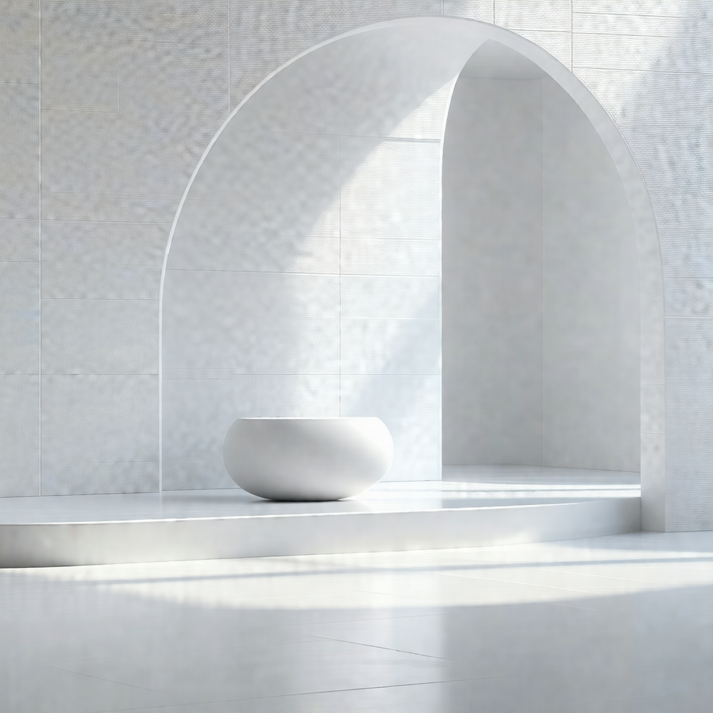 White, modern-looking bowl placed on a white pedestal