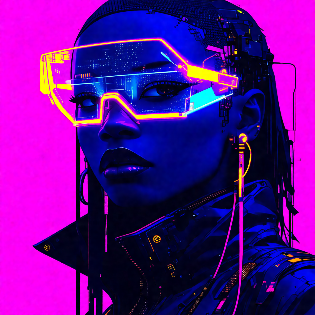 Colorful, futuristic portrait of a woman wearing a pair o...