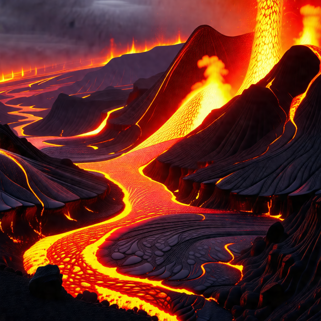 Vividly colored, computer-generated landscape of a volcan...