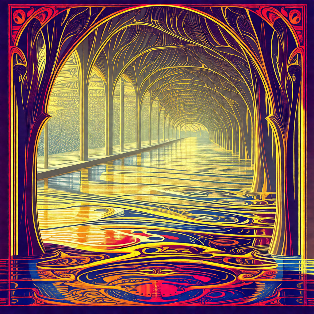 Painting of a long, narrow hallway with a row of arched w...
