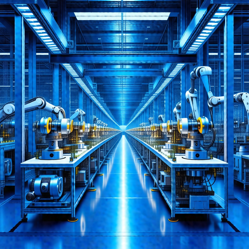 Blue and white painting of a factory with a large number ...