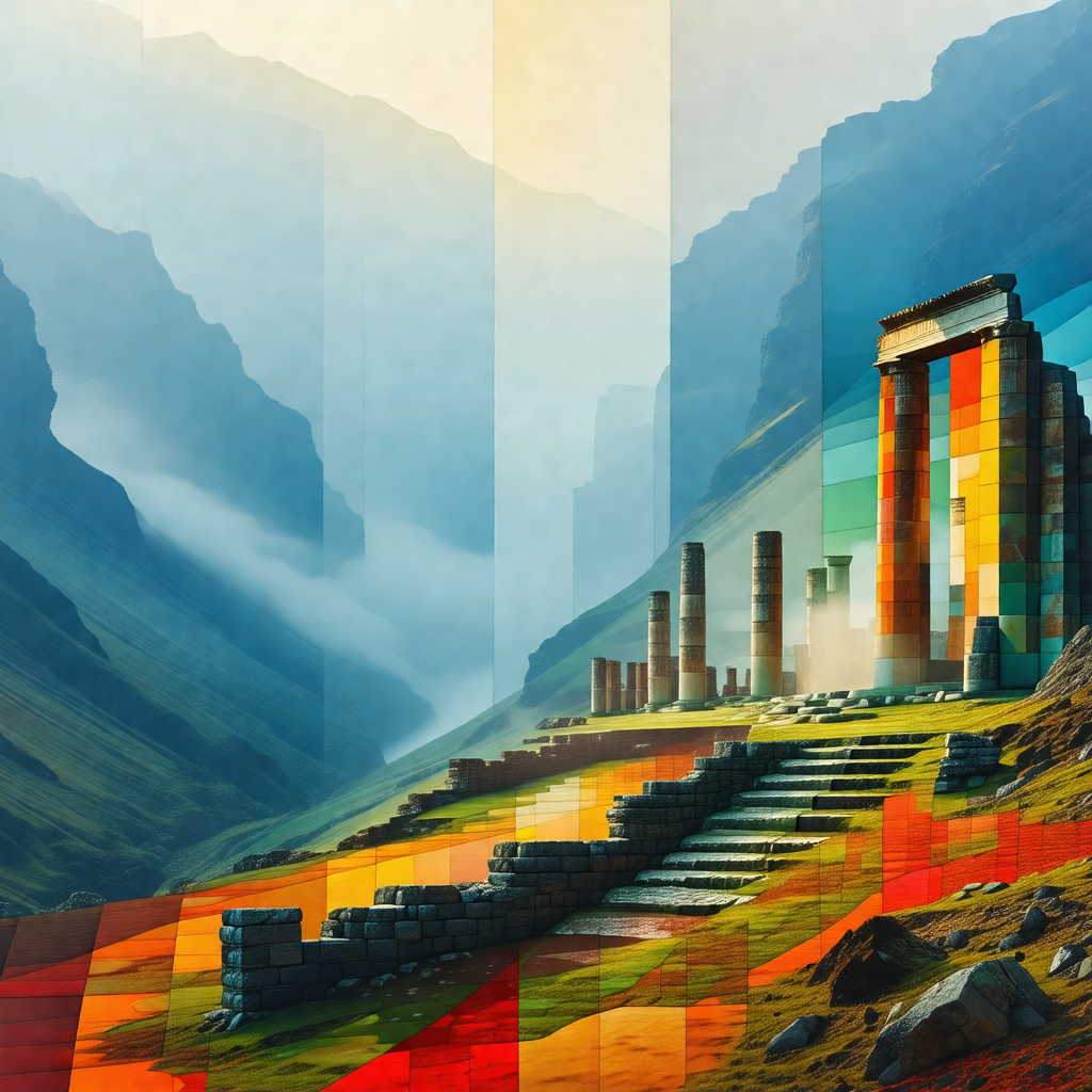 Painting of a mountainous landscape with a large, colorfu...