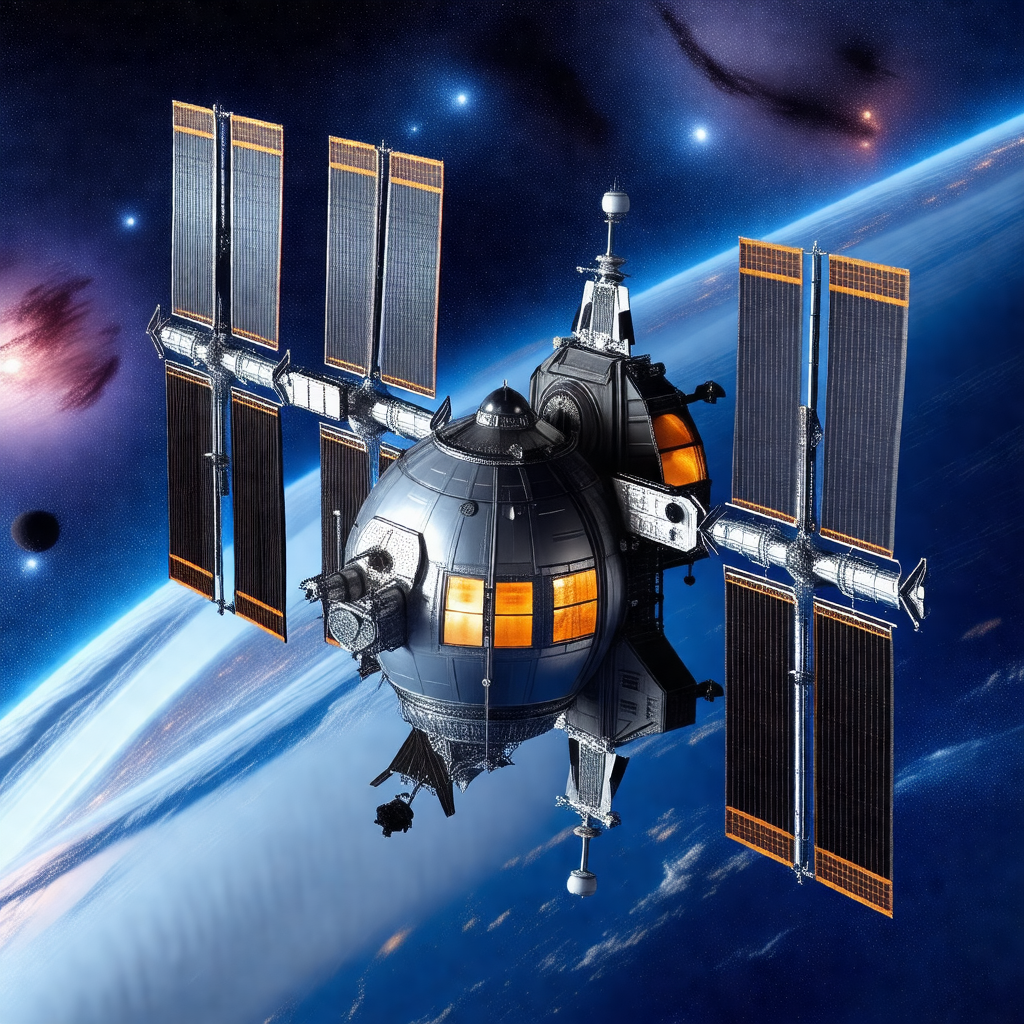 Space shuttle with a large dome on top, flying through th...