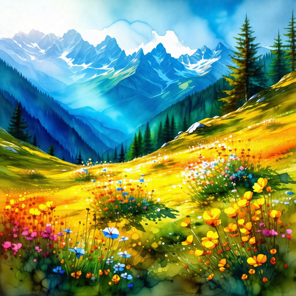 Beautiful mountain landscape with a lush green field and ...