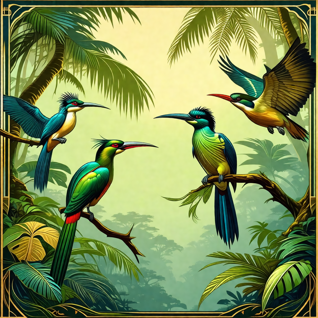 Lush green forest with a group of colorful birds perched ...