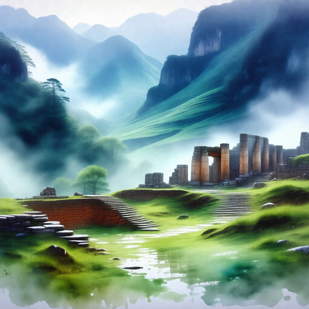 Beautiful landscape with a large, ancient stone structure...