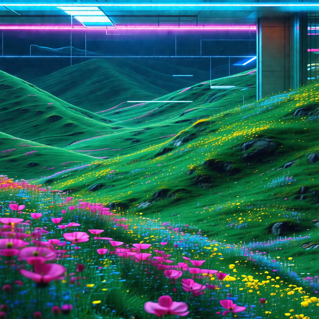 Computer-generated, three-dimensional scene of a lush gre...