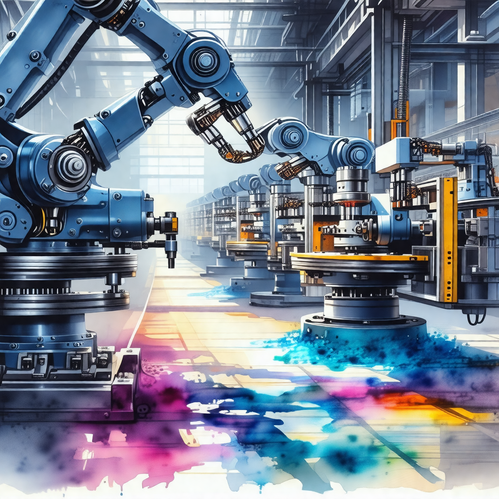 Colorful, computer-generated drawing of a factory floor f...
