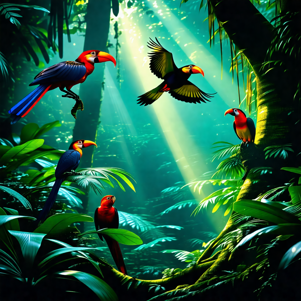 Lush green forest with a group of colorful birds perched ...