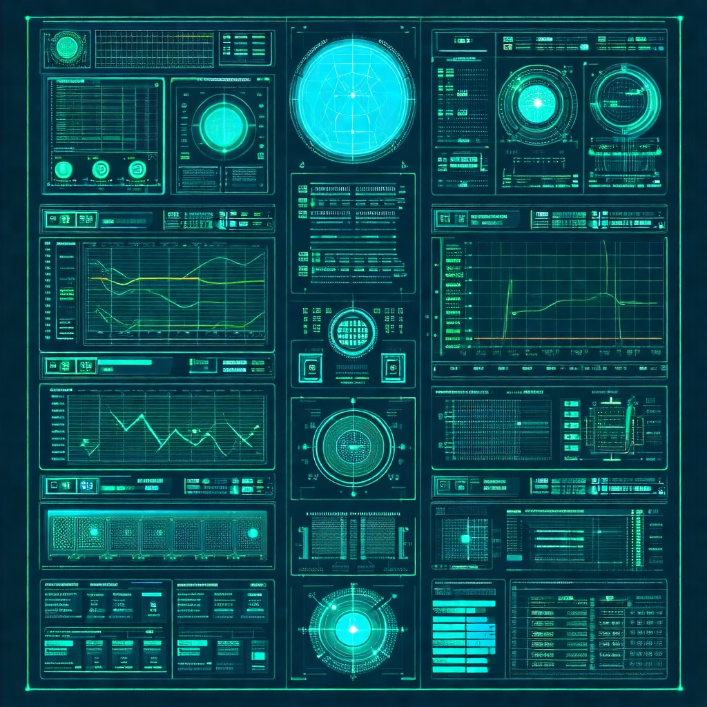 Futuristic display of various computer screens and gauges