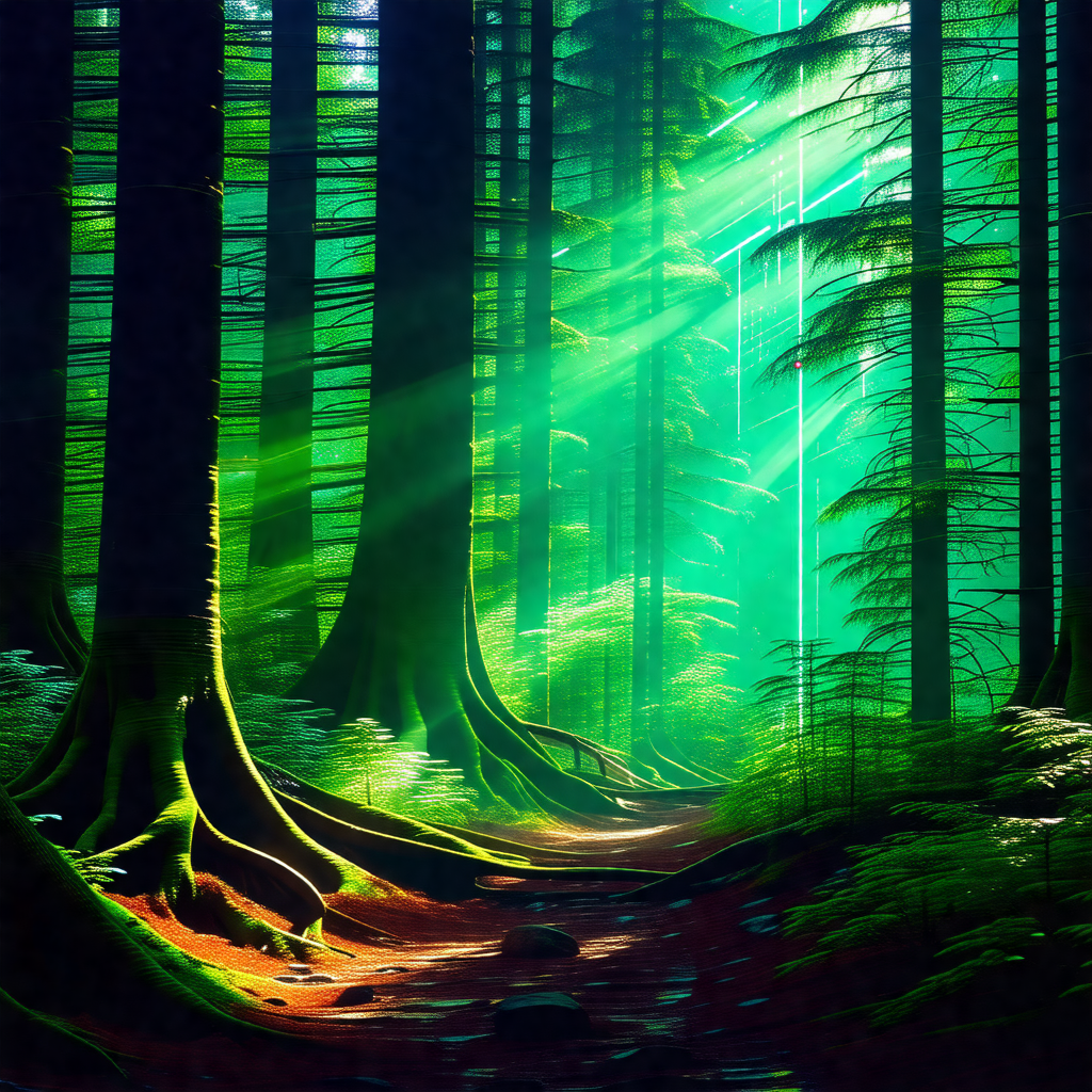 Lush green forest with a pathway leading through the trees