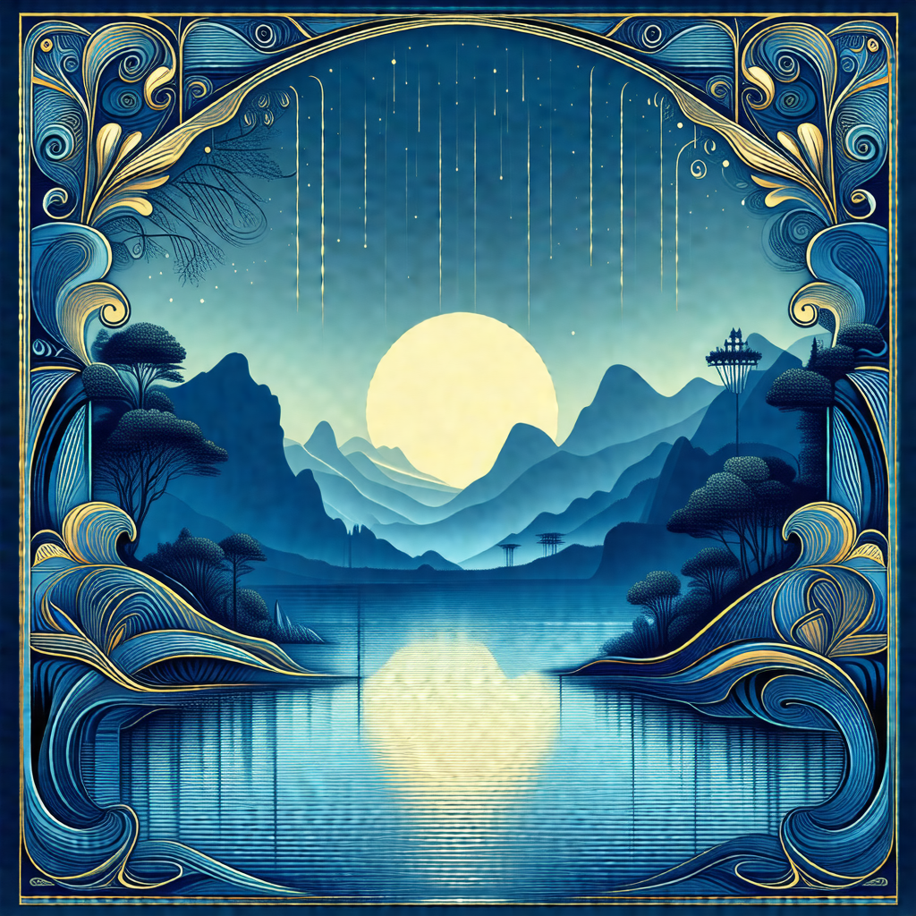 Beautifully drawn blue and gold artwork featuring a seren...