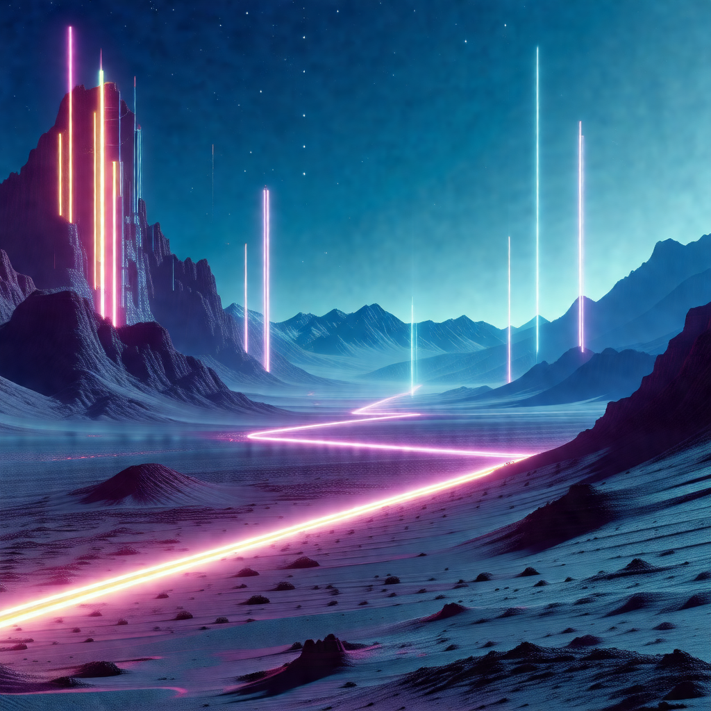 Futuristic landscape featuring a long, pink light beam th...