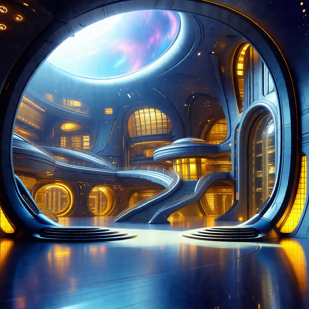 Futuristic city with a large, open building that appears ...