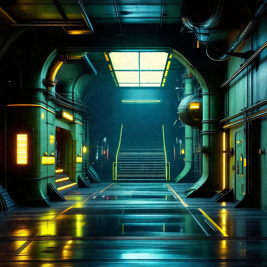 Futuristic, underground city with a large, open space