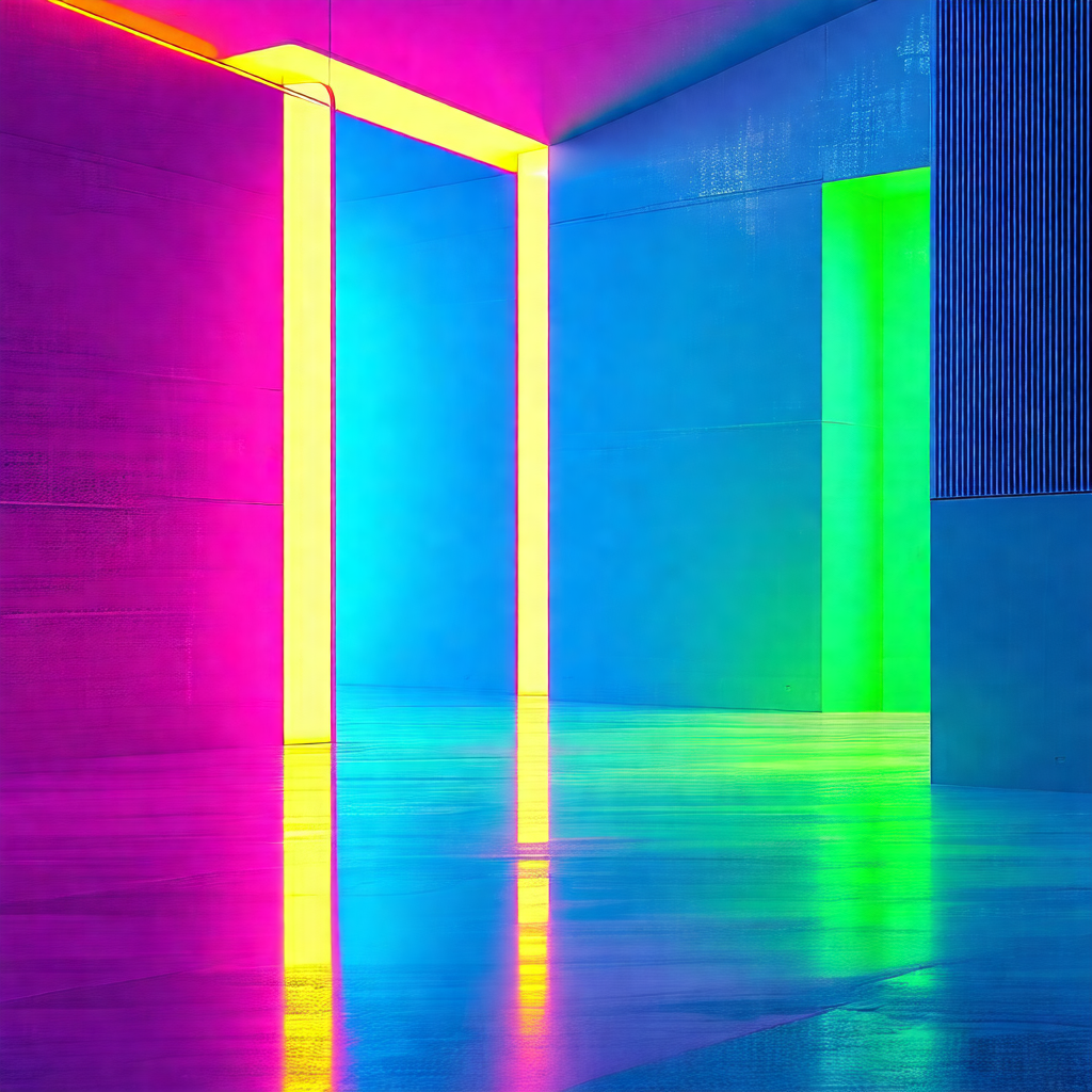 Brightly lit room with a large, colorful light display