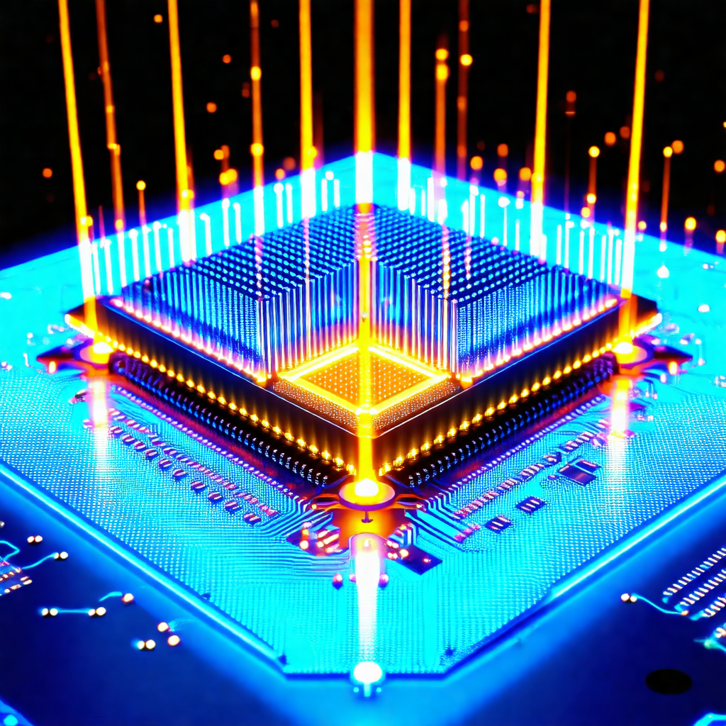 Close-up of a computer circuit board with a blue glow