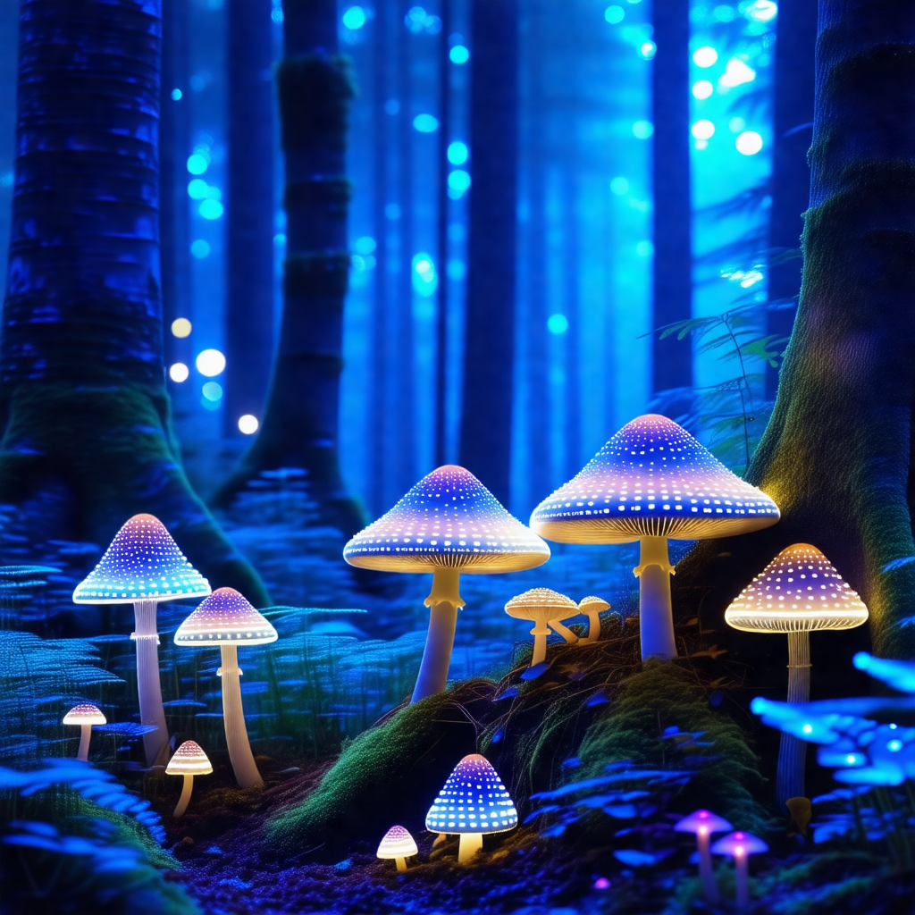 Forest with a group of mushrooms glowing in the dark