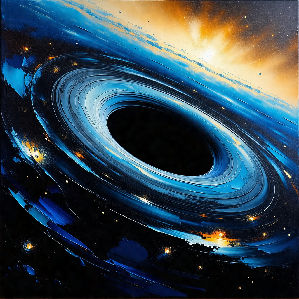 Large, blue, black, and white painting of a black hole