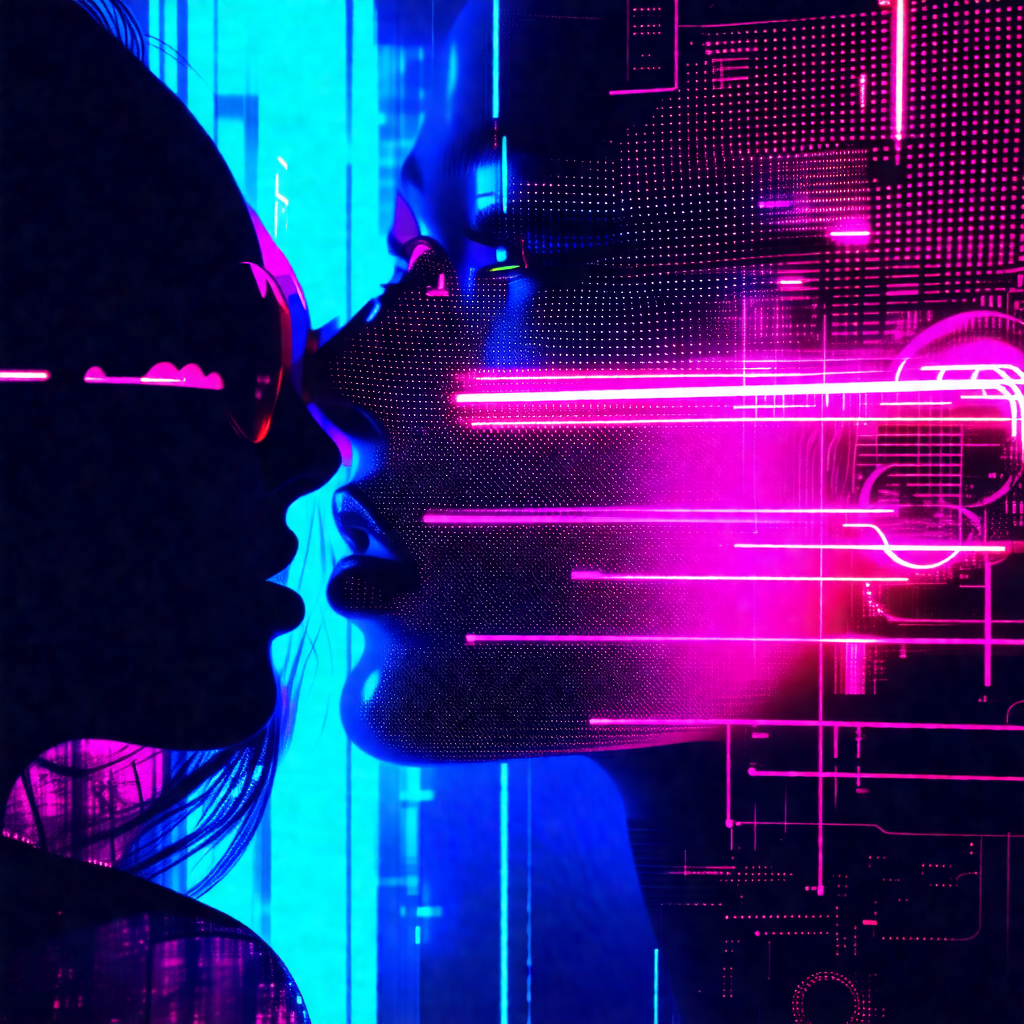 Colorful and artistic depiction of a man and a woman kissing