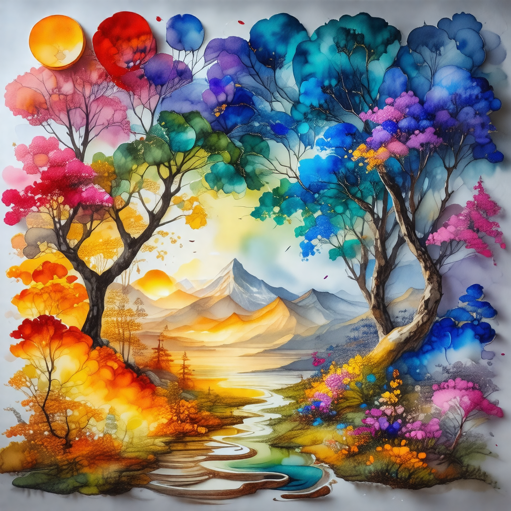 Beautiful painting of a forest with a river flowing throu...
