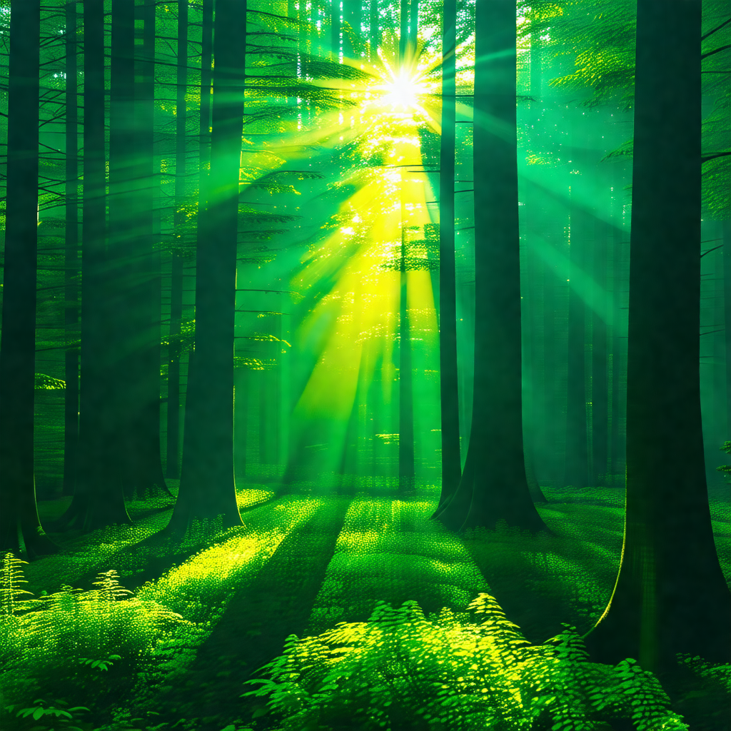 Lush green forest with a bright sun shining through the t...