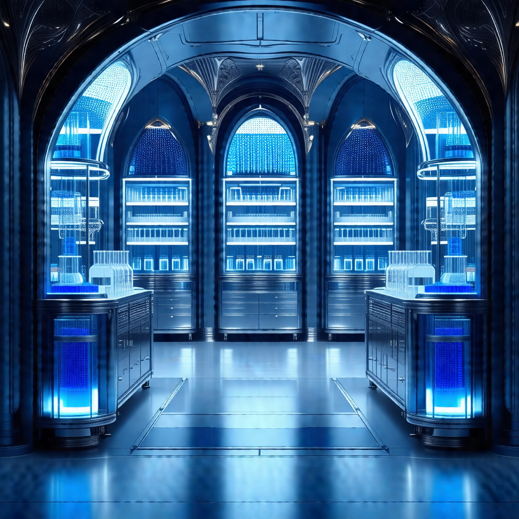Futuristic laboratory with a blue and silver color scheme