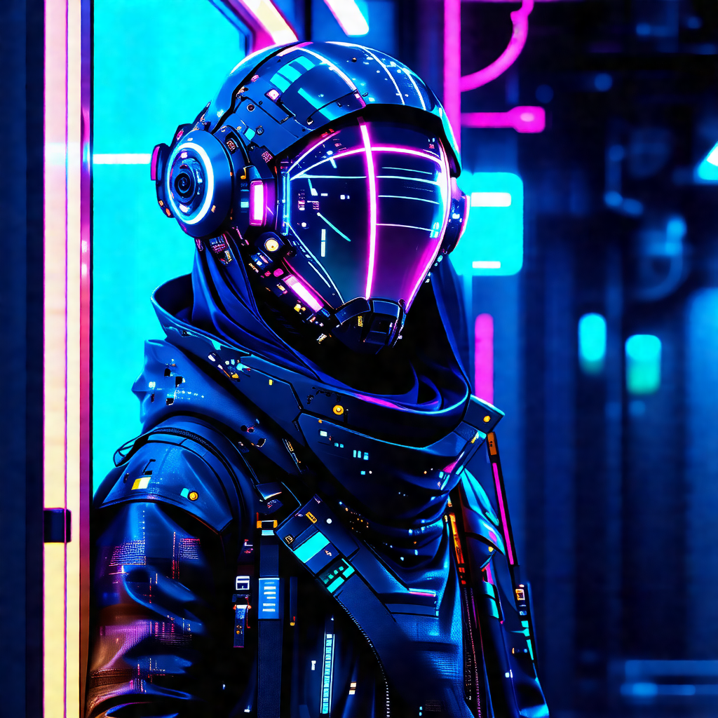 Person wearing a futuristic outfit, standing in a room wi...