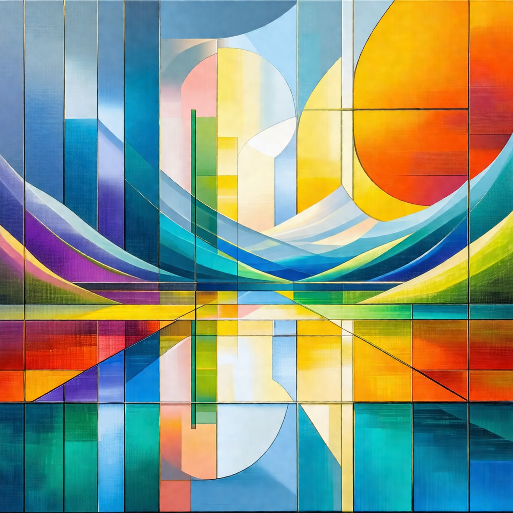 Painting of a cityscape, featuring a large building with ...