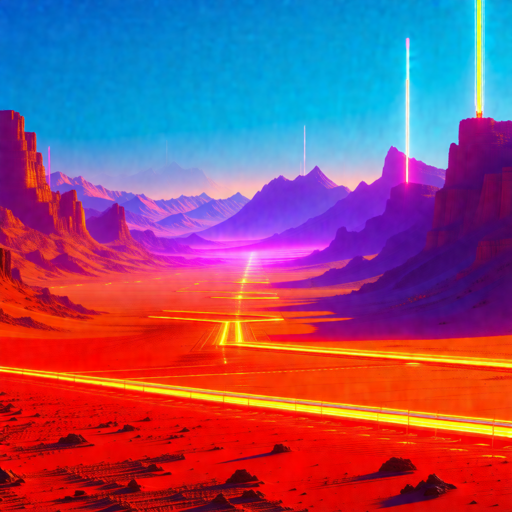 Futuristic painting of a desert landscape with a long, re...