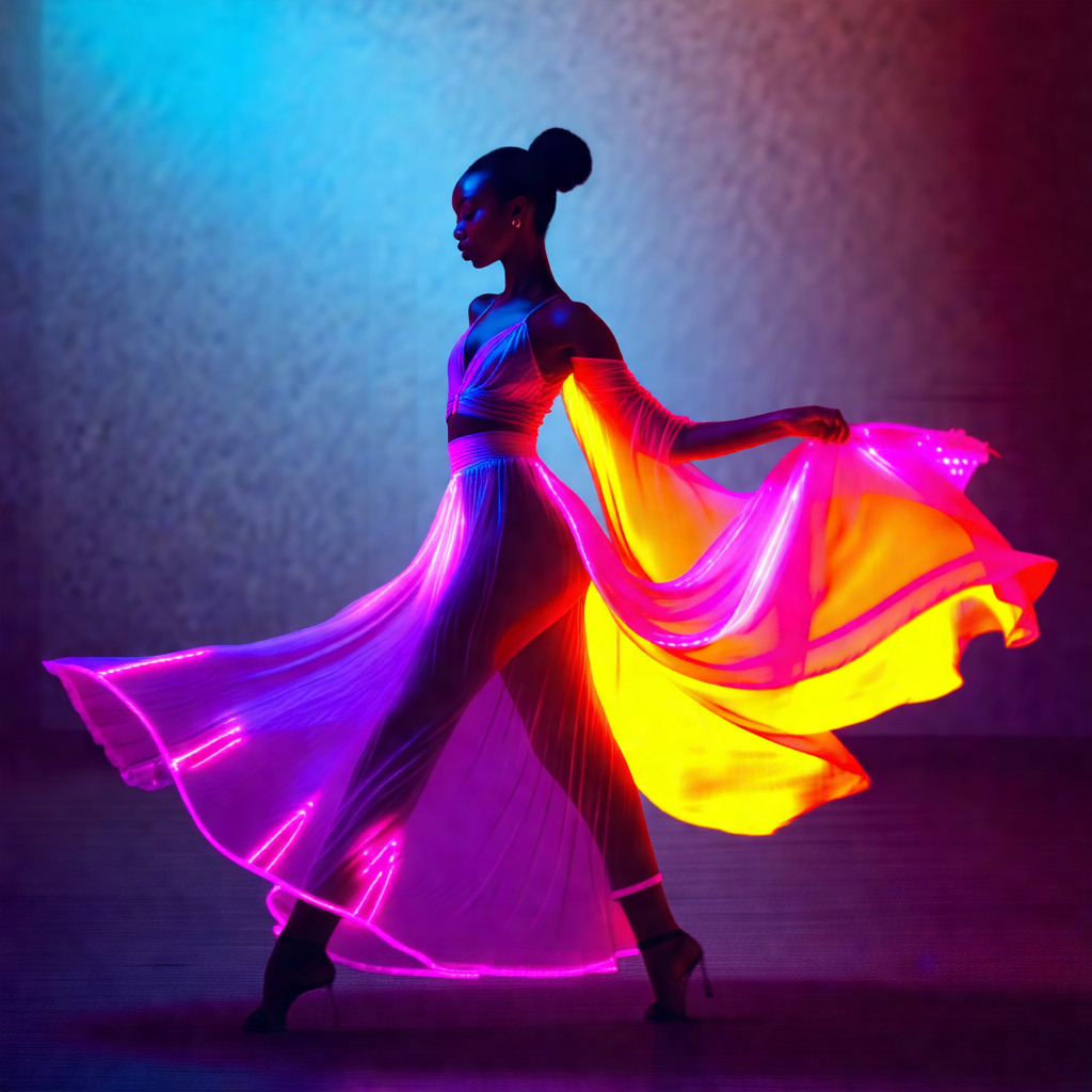 Woman wearing a dress that is illuminated by neon lights
