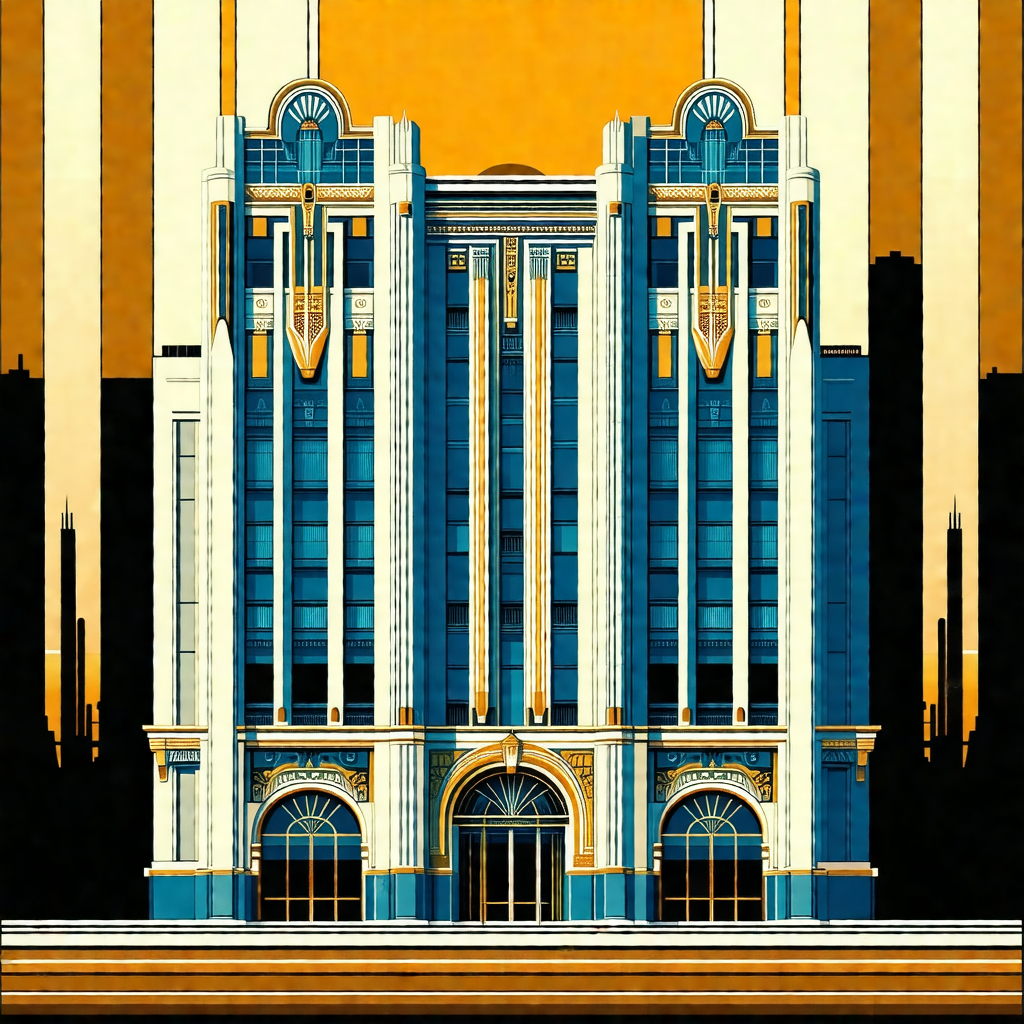 Colorful drawing of a large building with a prominent clo...