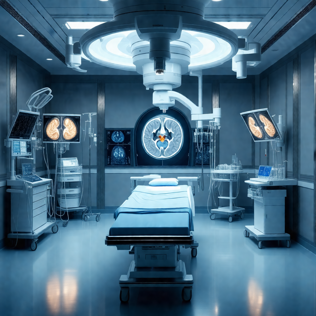 Hospital room with a large, illuminated medical machine, ...