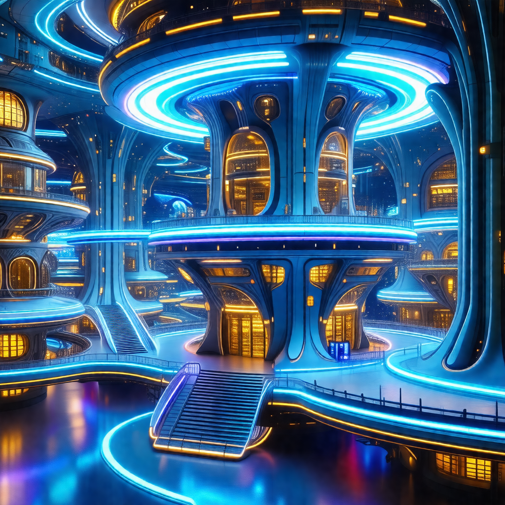 Futuristic cityscape with a blue and purple color scheme