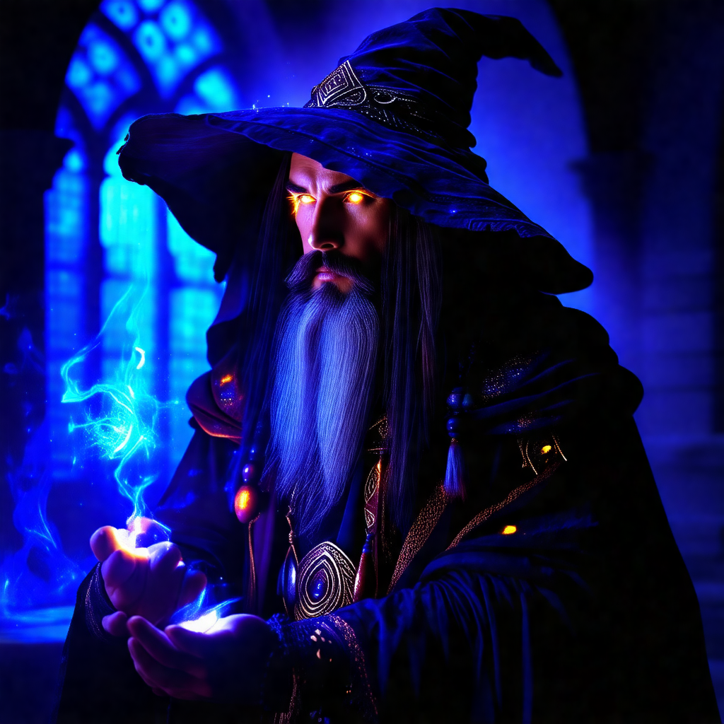 Man dressed in a wizard's outfit, complete with a long be...